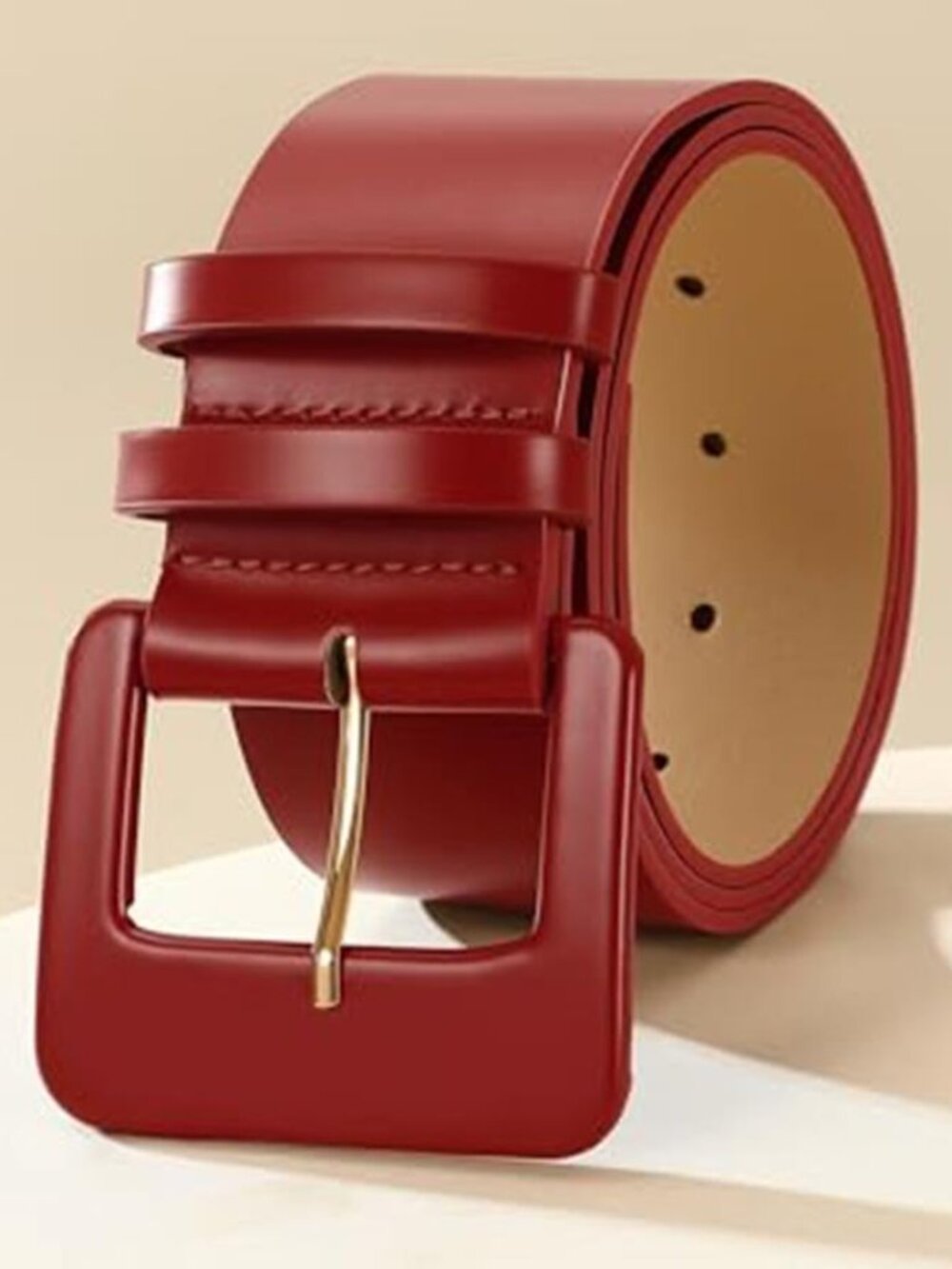Red Wide Leather Belt 2.13" Square Buckle Statement Waist Belt - Picture 9 of 9